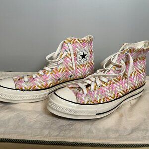 Converse Pink and White Basket-Weave Hi-Top Sneakers Men's 9.5 / Women's 11.5